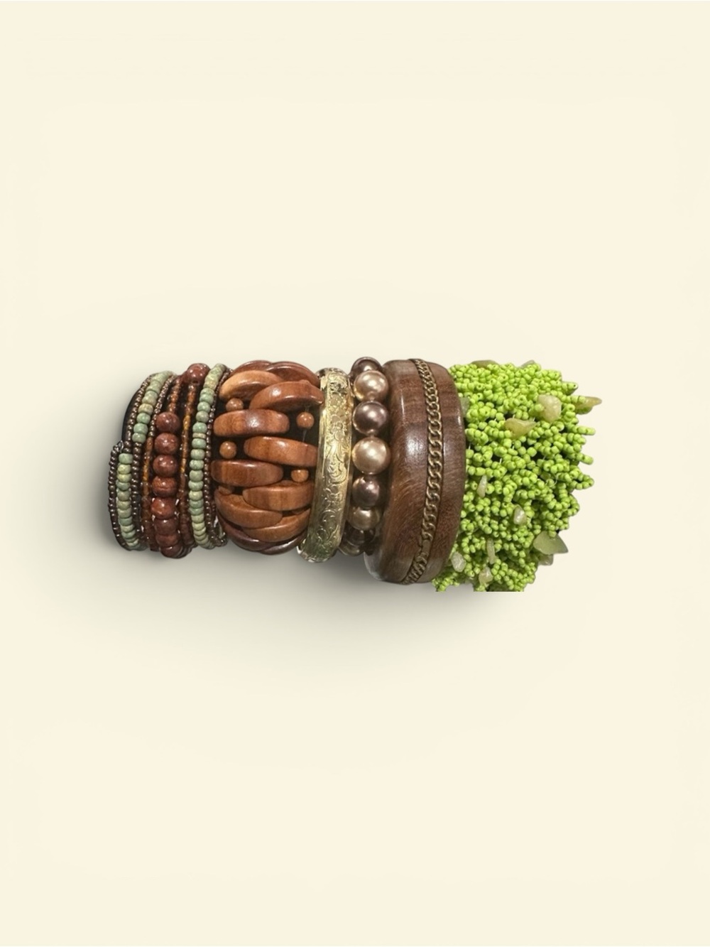 Boho Beaded Wood Bracelet Stack Set Earthy Green Brown Chunky Layered Cuff